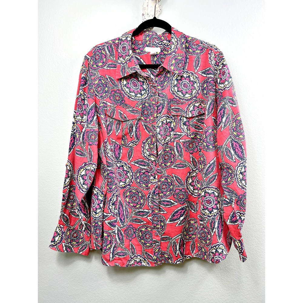 Charter Club Shirt Womens 20W Pink Floral Paisley Linen Button Down Roll Tab Top
